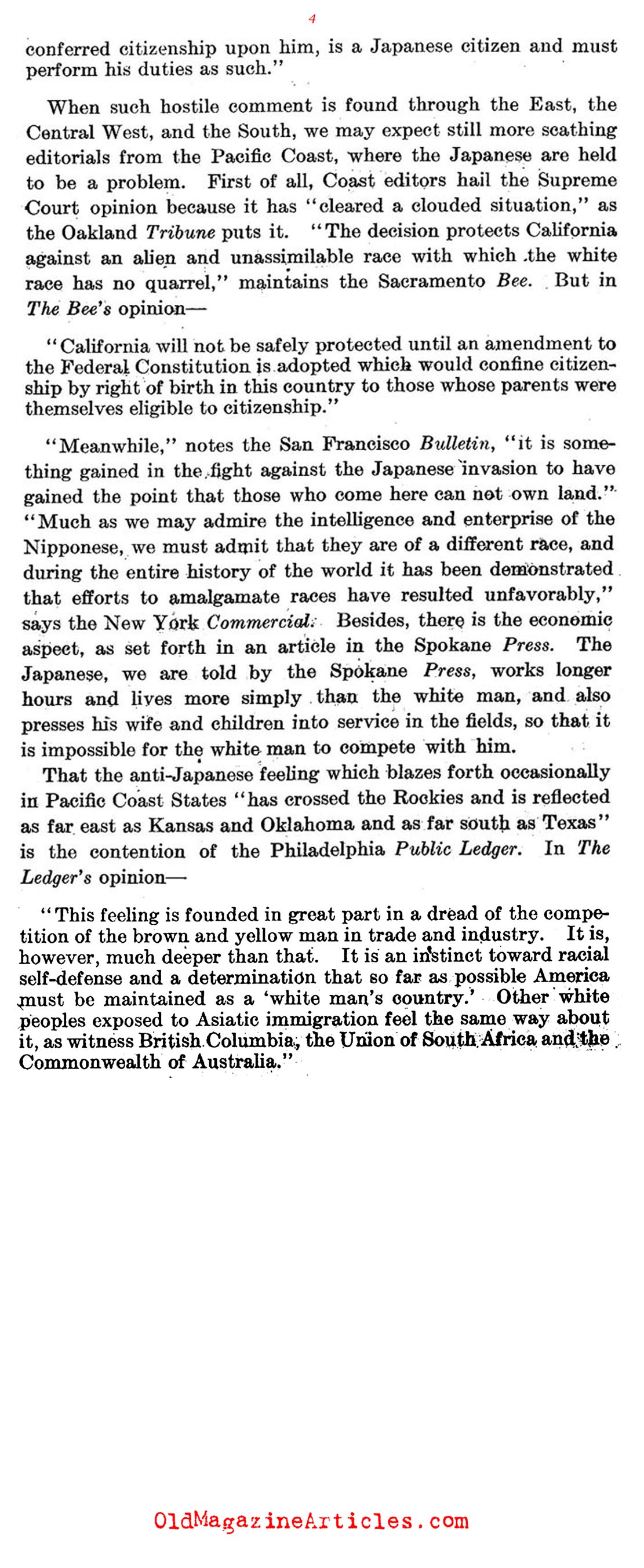 No Citizenship for Japanese Immigrants (Literary Digest, 1922)